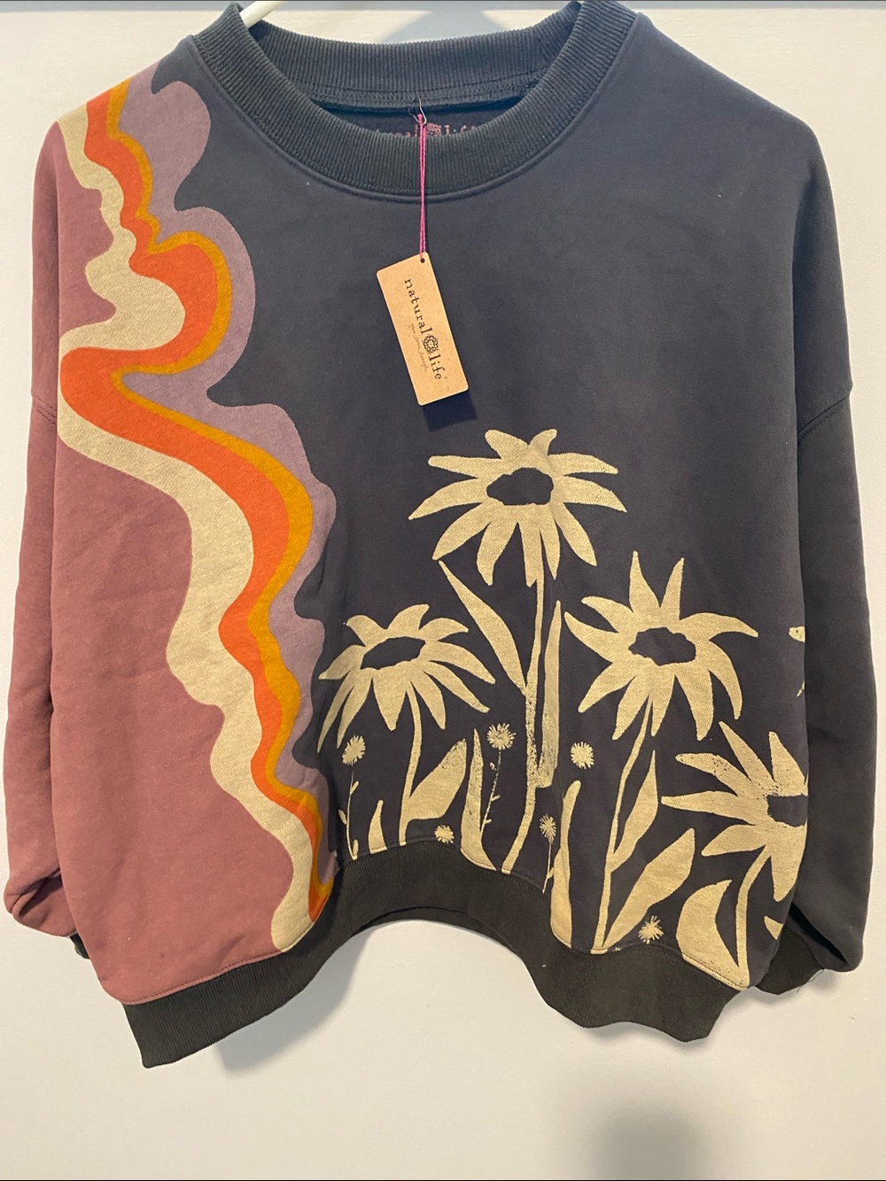 NATURAL LIFE Black Sweatshirt with Cream Floral and Mauve Retro Wave